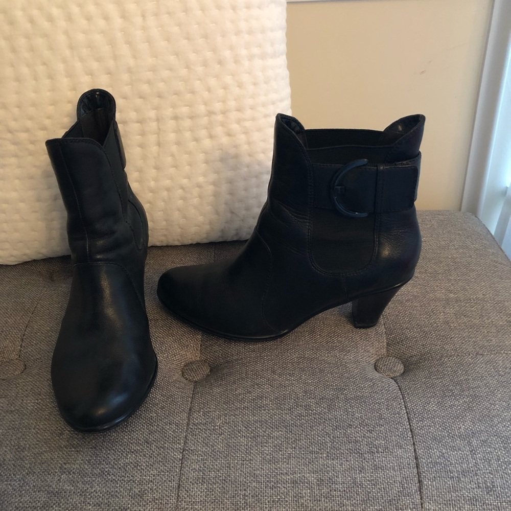 Clark’s buckle booties, black leather, size 7.5